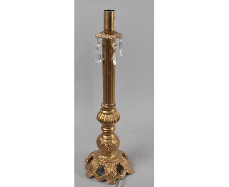 A Gilt Table Lamp Base with Reeded Column Supported on Pierced Foliate Foot with Drip Top Housing Glass Droppers, 46cm high 