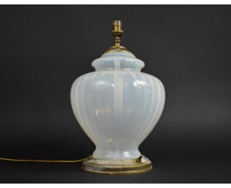 A Vaseline Glass Style Table Lamp on Circular Brass Base, 38cms High 