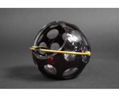 A Mid 20th Century Desktop Bohemian Glass Ashtray or Pen Holder of Globular having Polkadot Ruby Overlay Flash Design 