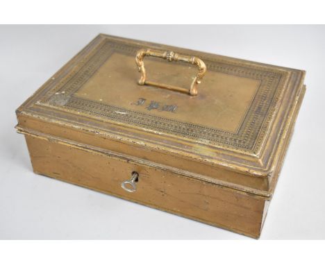 A Vintage Gilt Coloured Metal Cash Tin Monogrammed JPM Complete with Key. 25cms wide 