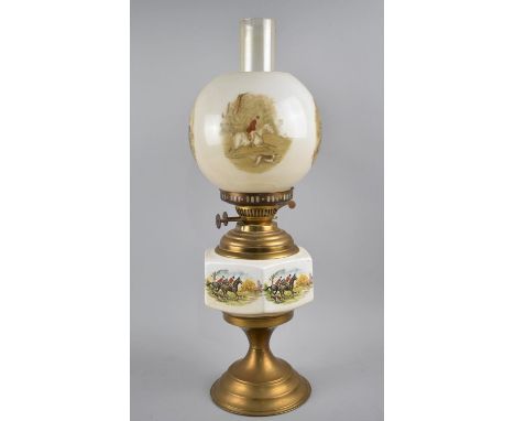A Mid 20th Century Brass and Ceramic Oil Lamp with Fox Hunting Scene Decoration 