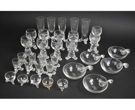 A Set of Early 20th Century Monogrammed Plain Glassware, All with Scrolled Tripod Shell Supports 
