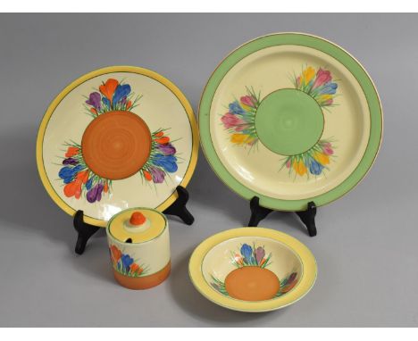A Collection of Various Clarice Cliff China to comprise Crocus pattern Bowl, Plates and Lidded Preserve Pots together with a 