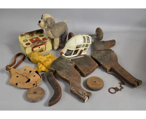 A Vintage Fretcut Children's Pull Along Dog Toy, In Need of Restoration together with various Other Sundries