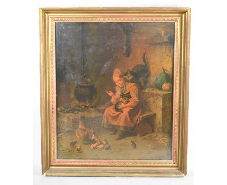 A Gilt Framed Lithograph Depicting Seated Girl with Kittens and Poultry, 48x40cm 