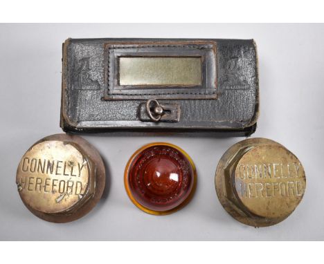 A Pair of Brass Hubcaps for Connelly, Hereford, Vintage Indicator Glass and a Raleigh Saddle Mounting Tool Box (Straps AF) 