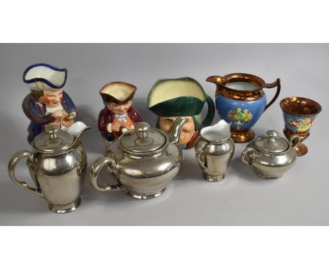 A Four Piece Lustre Tea Service to Comprise Teapot, Hot Water Pot, together with Various Toby Jugs Etc (Condition Issues) 