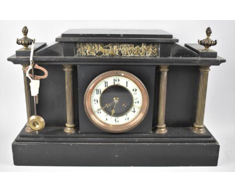 A Late Victorian/Edwardian French Black Slate Mantel Clock of Architectural Form, Ormolu Mounted Reeded Column Decoration and