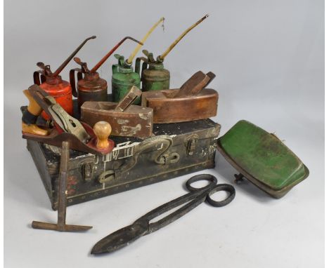 A Vintage Tool Case together with Four Oil Cans 
