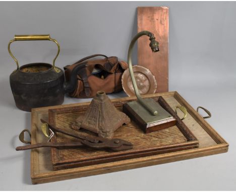 A Collection of Various Sundries to comprise Two Wooden Rectangular Trays, Lamp Base, Cast Iron Oil Lamp Base Etc 