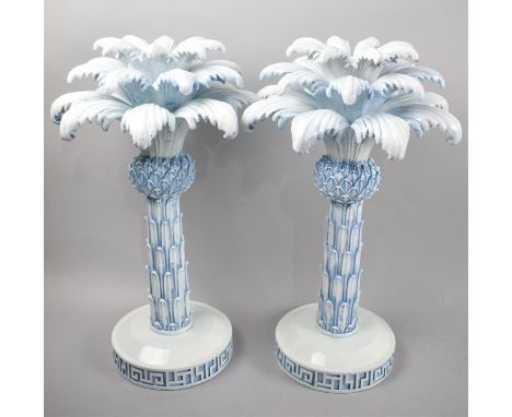 A Pair of Blue and White Decorative Palm Tree Candlesticks by The Vintage Garden Room, 36.5cms High 