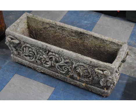 A Rectangular reconstituted Stone Planter, "Gothic Trough" Decorated with Scrolled Design, 74cms Wide 