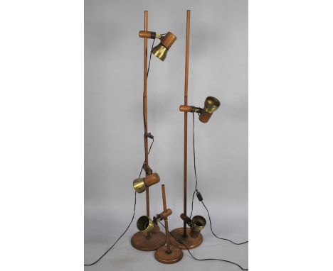 A Pair of Swiss Tende 1980's Floor Standing Adjustable Twin Spot Light Lamps Raised on Circular Plinth Wooden Base Together w