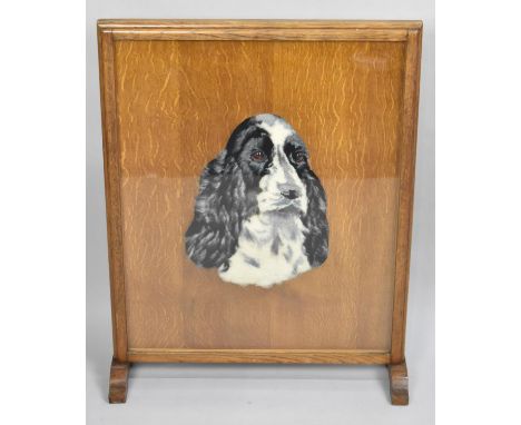 A Mid 20th Century Oak Fire Screen, Centre Panel Decorated with Spaniel, 61x78cms 