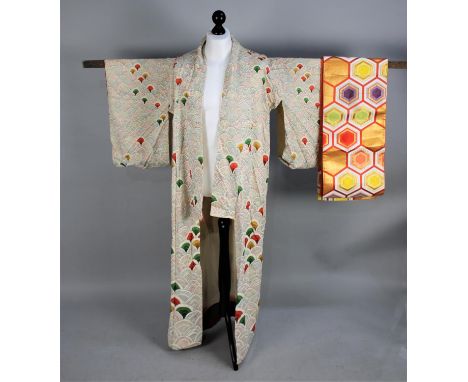 A Vintage Japanese Kimono Decorated with Scrolled Fan Motif in Multicolours Together with a and Fabric Piece 