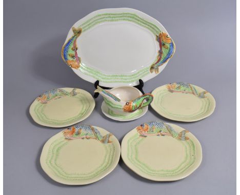 A Clarice Cliff Part Fish Service to comprise Platter, Jug, Spoon and Plates Etc (Condition Issues) 