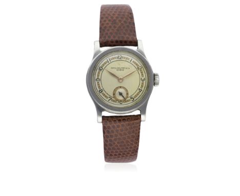 A VERY RARE GENTLEMAN'S STAINLESS STEEL PATEK PHILIPPE &amp; CO CALATRAVA WRIST WATCH CIRCA 1930s
D: Two tone silver dial wit