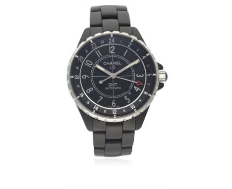 A GENTLEMAN'S SIZE MATT BLACK CERAMIC CHANEL J12 GMT AUTOMATIC BRACELET WATCH CIRCA 2014 WITH ORIGINAL BOX
D: Black dial with