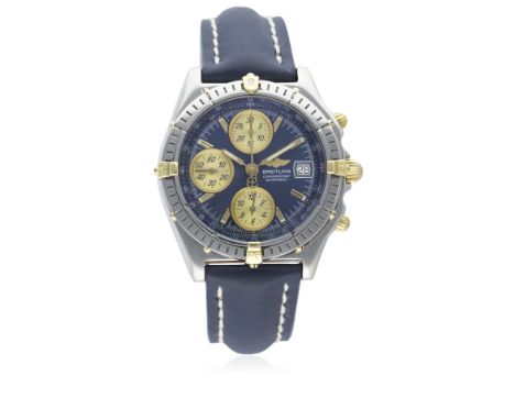 A GENTLEMAN'S STEEL &amp; GOLD BREITLING CHRONOMAT AUTOMATIC CHRONOGRAPH WRIST WATCH CIRCA 1990s, REF. B13050.1
D: Blue dial 