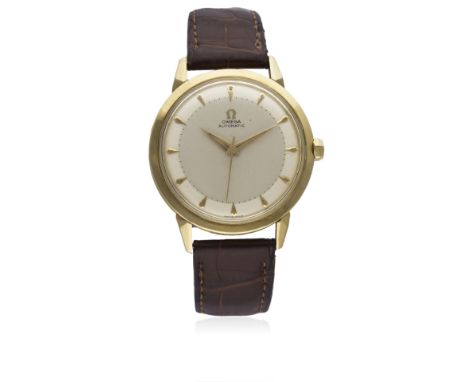 A RARE GENTLEMAN'S LARGE SIZE 18K SOLID GOLD OMEGA AUTOMATIC WRIST WATCH CIRCA 1954, REF. 2737 S.C.
D: Two tone silver dial w