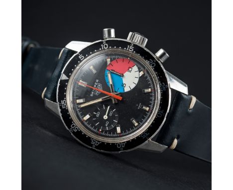 AN EXTREMELY RARE GENTLEMAN'S STAINLESS STEEL HEUER SKIPPER YACHTING CHRONOGRAPH WRIST WATCH CIRCA 1970, REF. 7764 D: Black d