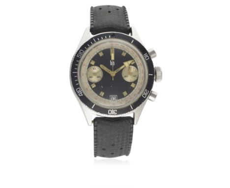 A RARE GENTLEMAN&rsquo;S STAINLESS STEEL LIP DIVERS CHRONOGRAPH WRIST WATCH CIRCA 1960s&nbsp;
D: Gloss black dial with lumino