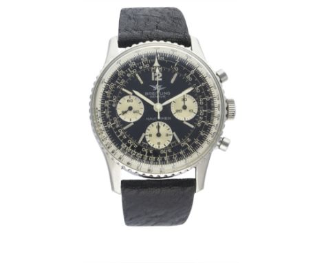 A GENTLEMAN'S STAINLESS STEEL BREITLING NAVITIMER WRIST WATCH CIRCA 1960s, REF. 806 D: Black dial with silver markers, three 