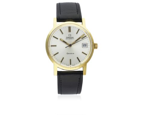 A GENTLEMAN'S 18K SOLID GOLD OMEGA GENEVE WRIST WATCH CIRCA 1972, REF. 166-163&nbsp; 
D: Silver dial with black inlaid gilt b