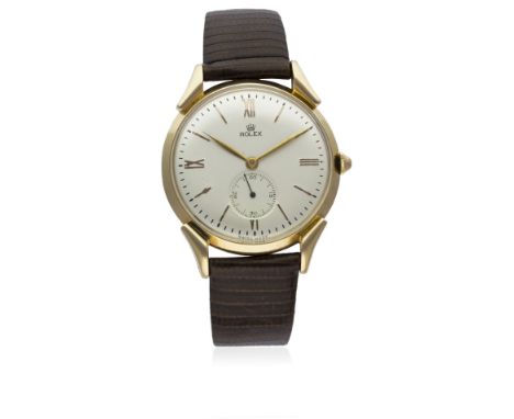 A RARE GENTLEMAN'S LARGE SIZE 18K SOLID PINK GOLD ROLEX CHRONOMETER WRIST WATCH CIRCA 1960, REF. 4886
D: Silver dial with pin