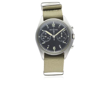 A RARE GENTLEMAN'S STAINLESS STEEL BRITISH MILITARY NEWMARK&nbsp;RAF PILOTS CHRONOGRAPH WRIST WATCH DATED 1980
D: Black dial 