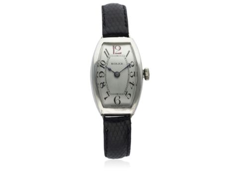 A LADIES SOLID SILVER ROLEX TONNEAU WRIST WATCH CIRCA 1930
D: Silver dial with black &amp; red Arabic numerals &amp; inner mi