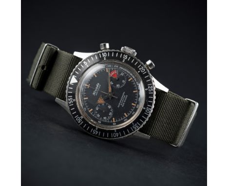 A RARE GENTLEMAN&rsquo;S STAINLESS STEEL NIVADA GRENCHEN CHRONOGRAPH AVIATOR SEA DIVER WRIST WATCH CIRCA 1960s
D: Black dial 