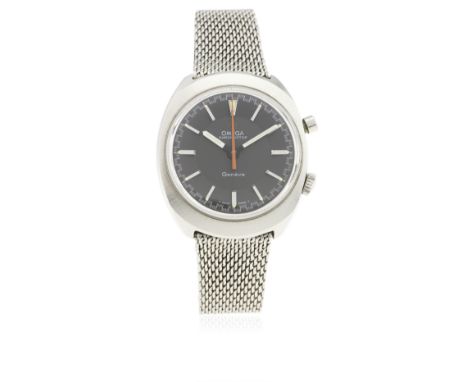 A GENTLEMAN'S STAINLESS STEEL OMEGA CHRONOSTOP BRACELET WATCH CIRCA 1969, REF. 146.009 / 146.010
D: Grey dial with silver bat