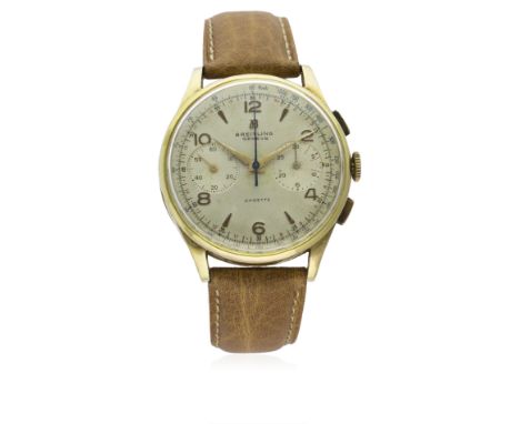 A GENTLEMAN'S LARGE SIZE 18K SOLID GOLD BREITLING CADETTE CHRONOGRAPH WRIST WATCH CIRCA 1950s, REF. 1185 D: Silver dial with 