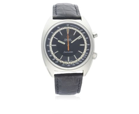 A GENTLEMAN'S LARGE SIZE STAINLESS STEEL OMEGA SEAMASTER CHRONOSTOP WRIST WATCH CIRCA 1968, REF. 145.007
D: Black dial with s