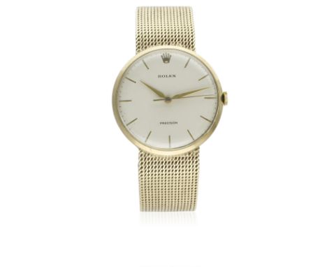 A GENTLEMAN'S 9CT SOLID GOLD ROLEX PRECISION BRACELET WATCH CIRCA 1960s D: Silver dial with gilt batons &amp; "dagger" hands.