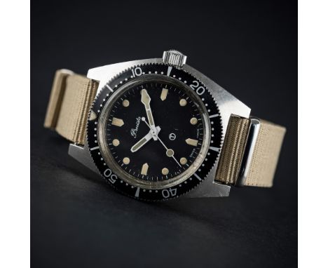 A RARE GENTLEMAN'S STAINLESS STEEL BRITISH MILITARY PRECISTA ROYAL NAVY DIVERS WRIST WATCH DATED 1982
D: Black dial with trit