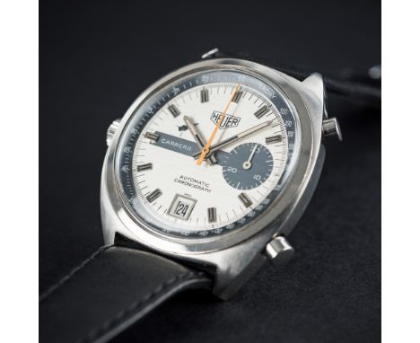 A GENTLEMAN'S STAINLESS STEEL HEUER CARRERA AUTOMATIC CHRONOGRAPH WRIST WATCH CIRCA 1970s, REF. 1553S D: Brushed silver dial 