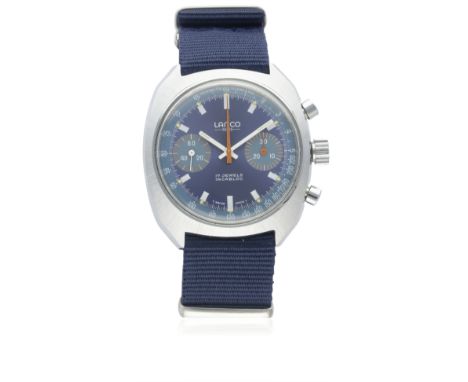 A GENTLEMAN'S "NOS" STAINLESS STEEL LANCO CHRONOGRAPH WRIST WATCH CIRCA 1970s
D: Blue sunburst dial with part luminous white 