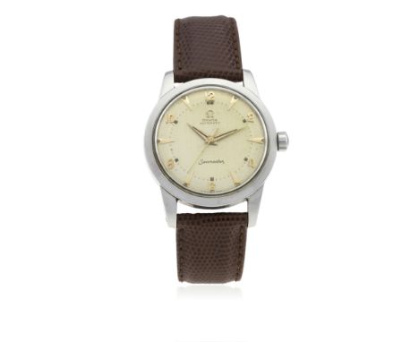 A GENTLEMAN'S STAINLESS STEEL OMEGA SEAMASTER AUTOMATIC WRIST WATCH CIRCA 1950, REF. C2577-4 SC
D: Two tone silver dial with 