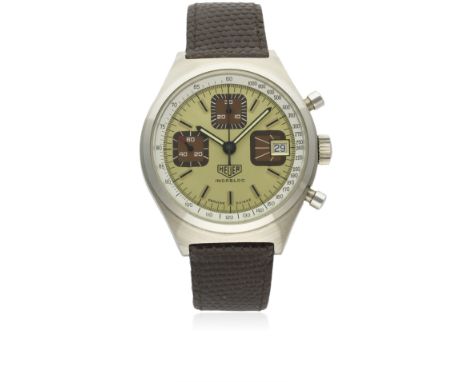 A GENTLEMAN'S "NOS" STAINLESS STEEL HEUER CHRONOGRAPH WRIST WATCH CIRCA 1980, REF. 1589
D: Gold &amp; brown coloured dial wit