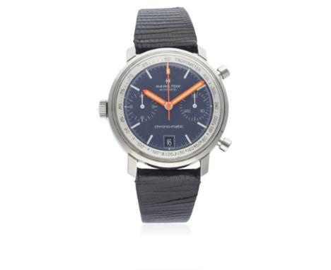 A GENTLEMAN'S STAINLESS STEEL HAMILTON CHRONO-MATIC CHRONOGRAPH WRIST WATCH CIRCA 1970, REF. 11002-3
D: Blue dial with white 