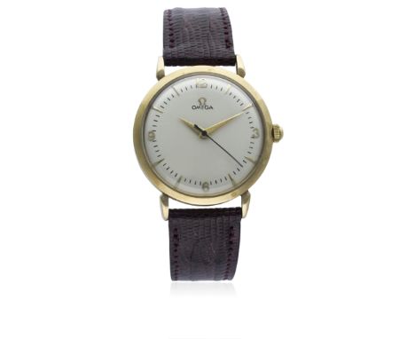 A GENTLEMAN'S 9CT SOLID GOLD OMEGA AUTOMATIC WRIST WATCH CIRCA 1956 D: Silver dial with gilt "dagger" batons &amp; quarterly 