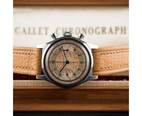 A RARE GENTLEMAN'S STAINLESS STEEL GALLET WATERPROOF "CLAMSHELL" CHRONOGRAPH WRIST WATCH CIRCA 1940s WITH&nbsp;ORIGINAL WOODE