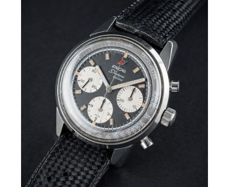 A RARE GENTLEMAN'S STAINLESS STEEL ENICAR SHERPA GRAPH CHRONOGRAPH WRIST WATCH CIRCA 1967 D: Black dial with luminous inlaid 