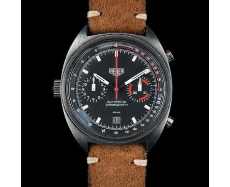 A RARE GENTLEMAN'S PVD COATED HEUER MONZA AUTOMATIC CHRONOGRAPH WRIST WATCH CIRCA 1981, REF. 150.501 D: Black dial with lumin