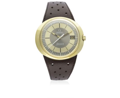 A RARE GENTLEMAN'S 18K SOLID GOLD OMEGA GENEVE DYNAMIC AUTOMATIC WRIST WATCH CIRCA 1970s
D: Gold &amp; grey coloured dial wit