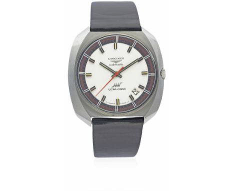 A GENTLEMAN'S STAINLESS STEEL LONGINES ULTRA CHRON AUTOMATIC WRIST WATCH CIRCA 1972, REF. 8228-1
D: Silver dial with black in