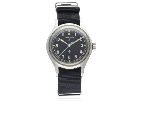 A GENTLEMAN'S STAINLESS STEEL BRITISH MILITARY HAMILTON RAF PILOTS WRIST WATCH CIRCA 1960s
D: Black dial with Arabic numerals