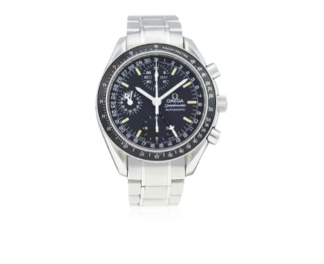 A GENTLEMAN'S STAINLESS STEEL OMEGA SPEEDMASTER AUTOMATIC TRIPLE CALENDAR CHRONOGRAPH BRACELET WATCH CIRCA 1995 
D: Black dia